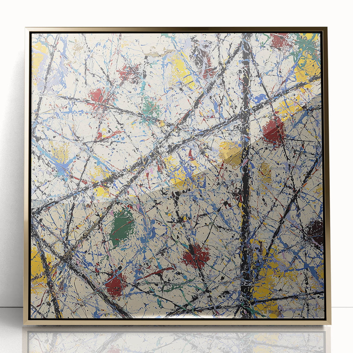 Framed abstract art piece showcasing vibrant gold splatters on a stark white background, perfect for modern home decor. Ideal for adding a touch of elegance and creativity to any space.