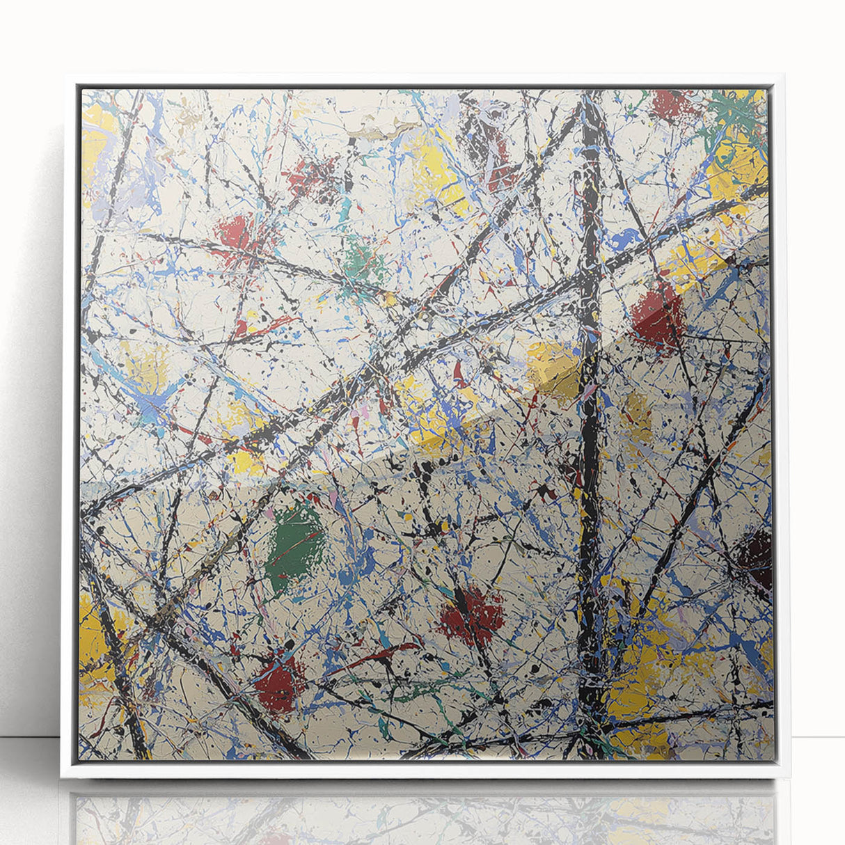 Framed acrylic artwork showcasing an abstract splatter design in vibrant colors, set against a white background, ideal for modern home decor.