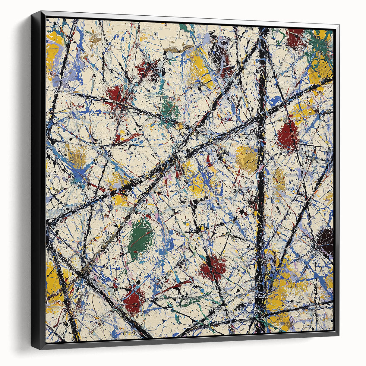 Framed canvas artwork displaying an abstract splatter design in black, showcasing a sleek side view that highlights its modern aesthetic and textured finish, perfect for contemporary home decor.