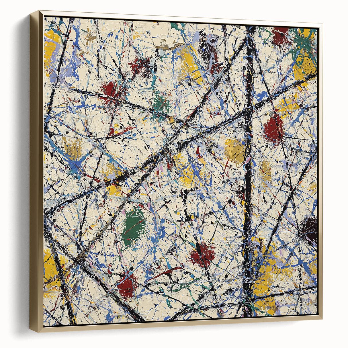 Framed abstract canvas artwork showcasing dynamic silver and gold splatters against a textured background, ideal for modern home decor or art enthusiasts.