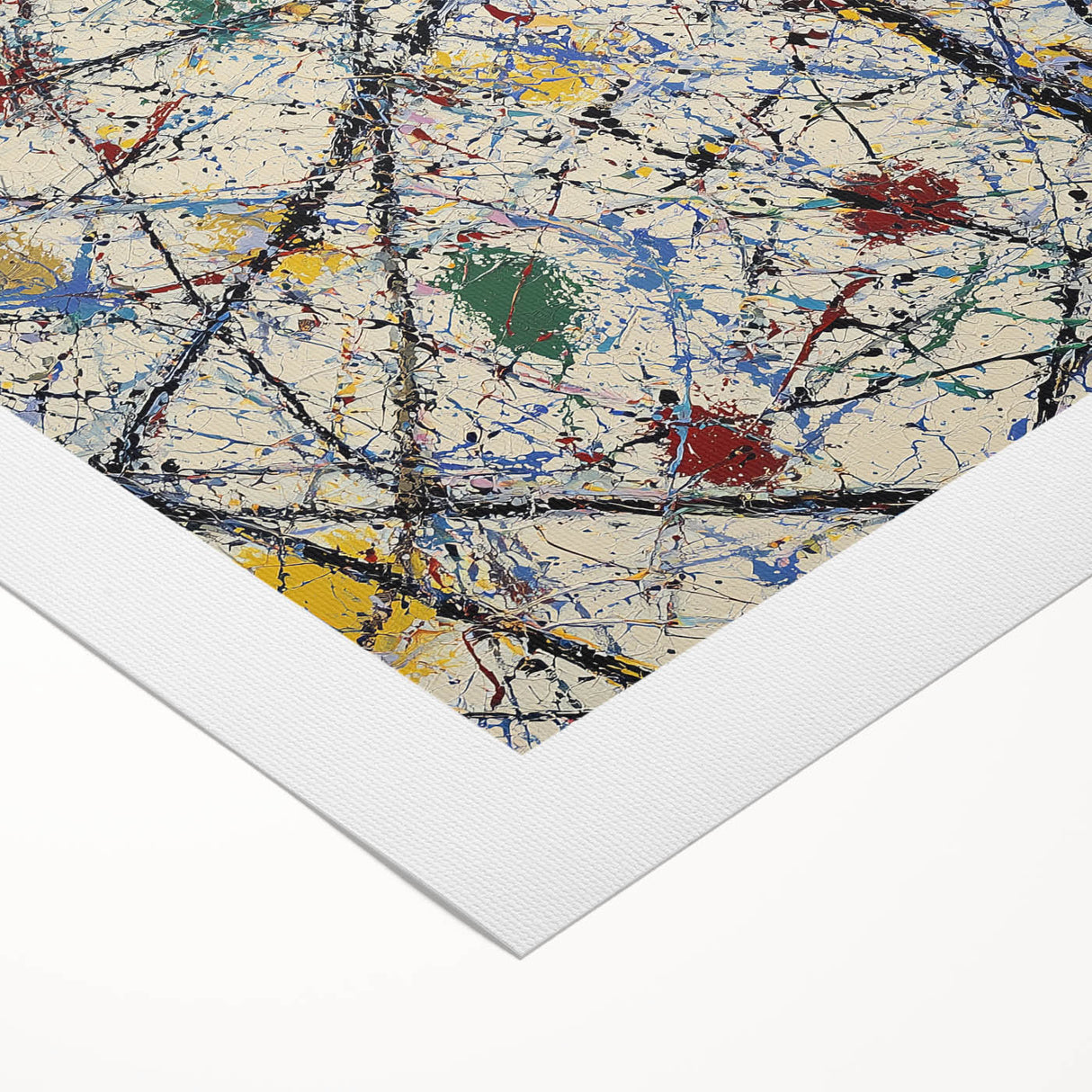 Abstract splatter artwork on rolled canvas showcasing vibrant colors like blue, yellow, and red, ideal for modern home decor. Packaged securely in a cardboard tube for safe shipping.