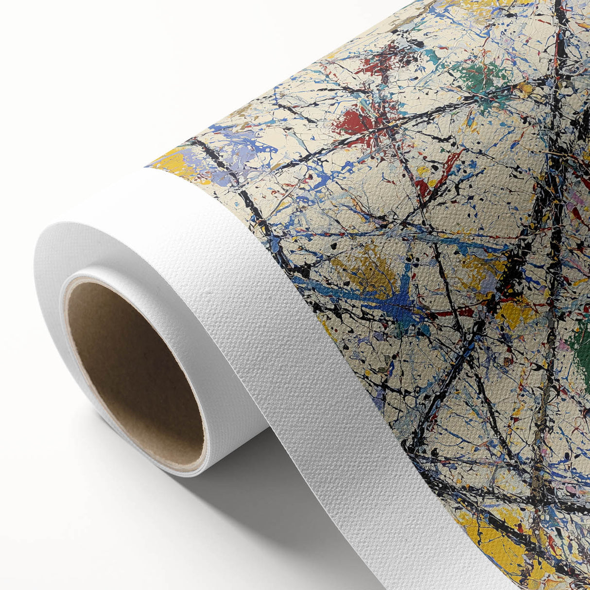 Abstract splatter art on rolled canvas, showcasing vibrant colors and dynamic patterns, ideal for modern decor or artistic home accents, securely packaged in a protective tube.