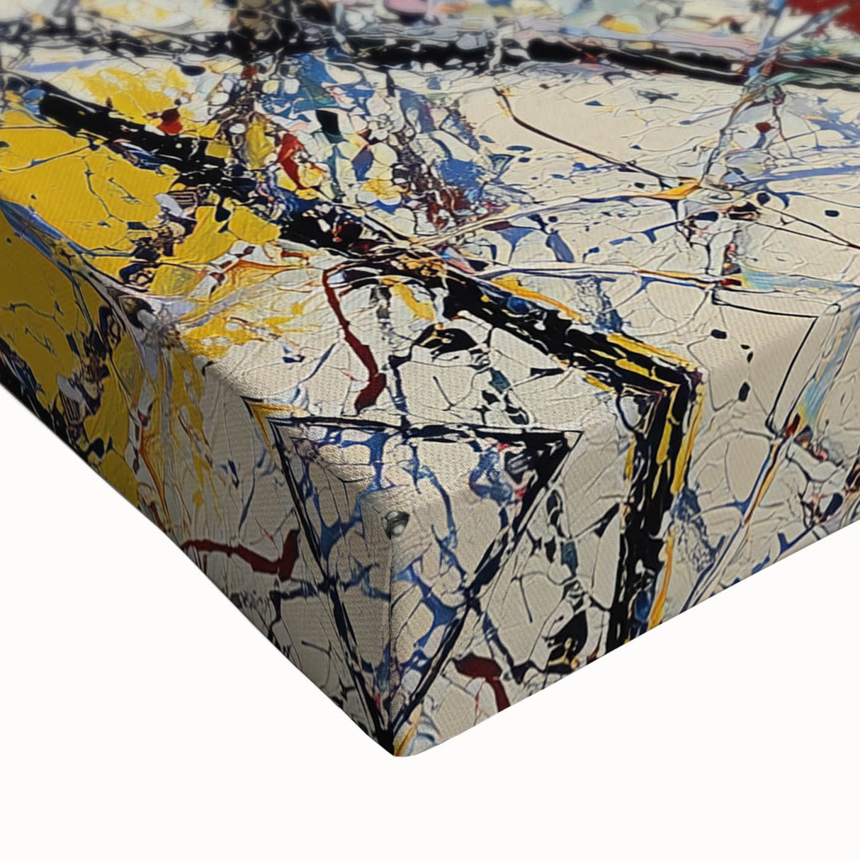 Close-up of a vibrant abstract splatter design on stretched canvas, showcasing bold colors and intricate textures, perfect for modern home decor.