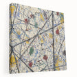 Abstract splatter art on stretched canvas showcasing vibrant colors and dynamic patterns, adding a modern touch to home decor. Side view highlights the canvas texture and depth, perfect for contemporary art enthusiasts.