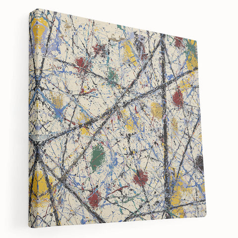 Abstract splatter art on stretched canvas showcasing vibrant colors and dynamic patterns, adding a modern touch to home decor. Side view highlights the canvas texture and depth, perfect for contemporary art enthusiasts.