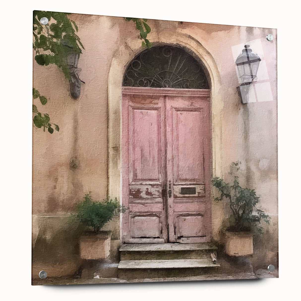Acrylic print of a large abstract design featuring a French door architecture in muted earth tones.