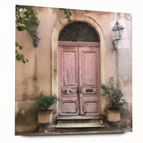 Acrylic print of a large abstract design featuring a French door architecture in muted earth tones.