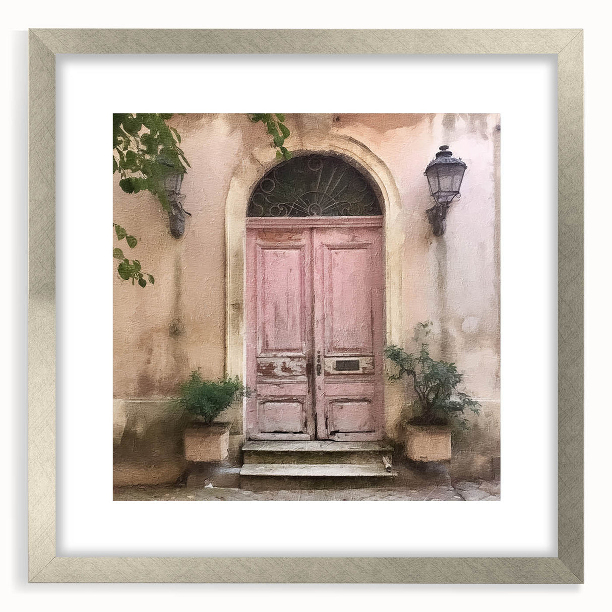 Textured abstract art print of a French door design in muted gray, framed in silver, ideal for bedroom art.
