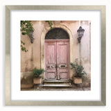 Textured abstract art print of a French door design in muted gray, framed in silver, ideal for bedroom art.