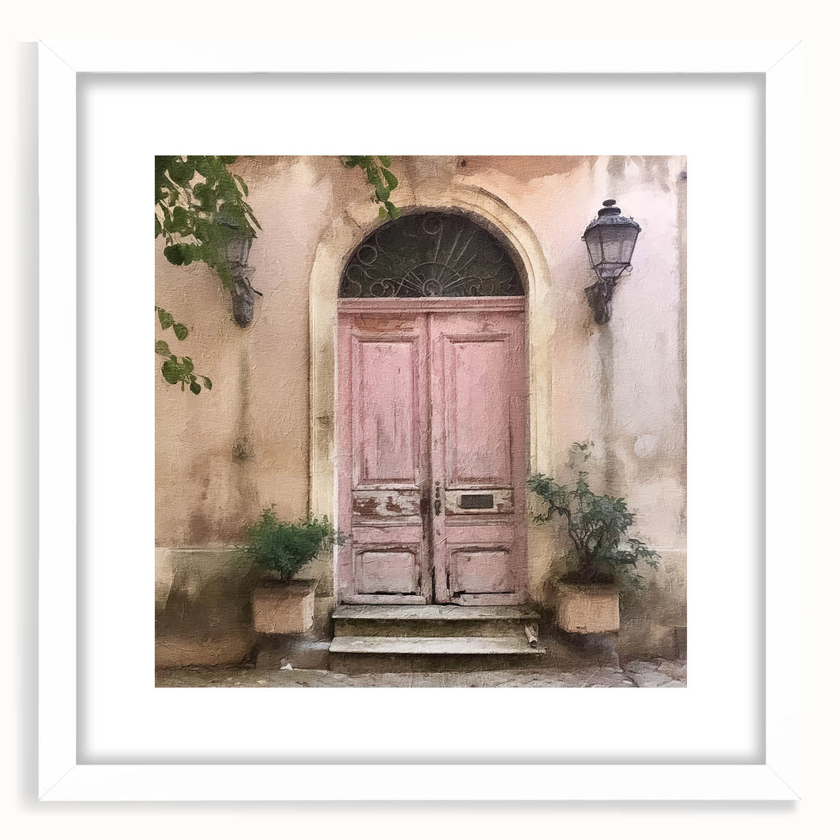 Abstract art print of a stylized French door design in monochrome, framed in white, suitable for dining room decor.