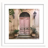 Abstract art print of a stylized French door design in monochrome, framed in white, suitable for dining room decor.