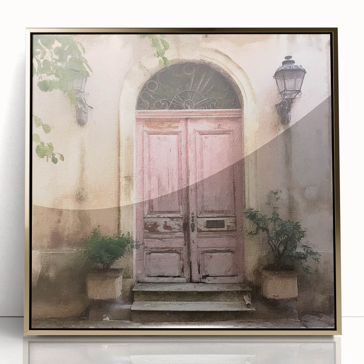 Mid-century modernist style large art print featuring a French door architecture on framed acrylic with gold tones.
