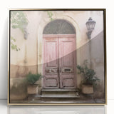 Mid-century modernist style large art print featuring a French door architecture on framed acrylic with gold tones.