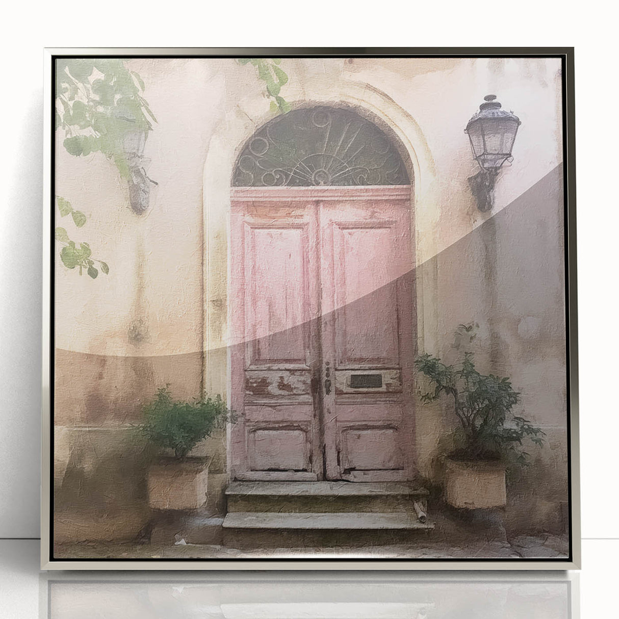 Mid-century modernist art featuring a minimalist French door design in silver and gray tones on framed acrylic.