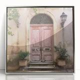 Mid-century modernist art featuring a minimalist French door design in silver and gray tones on framed acrylic.