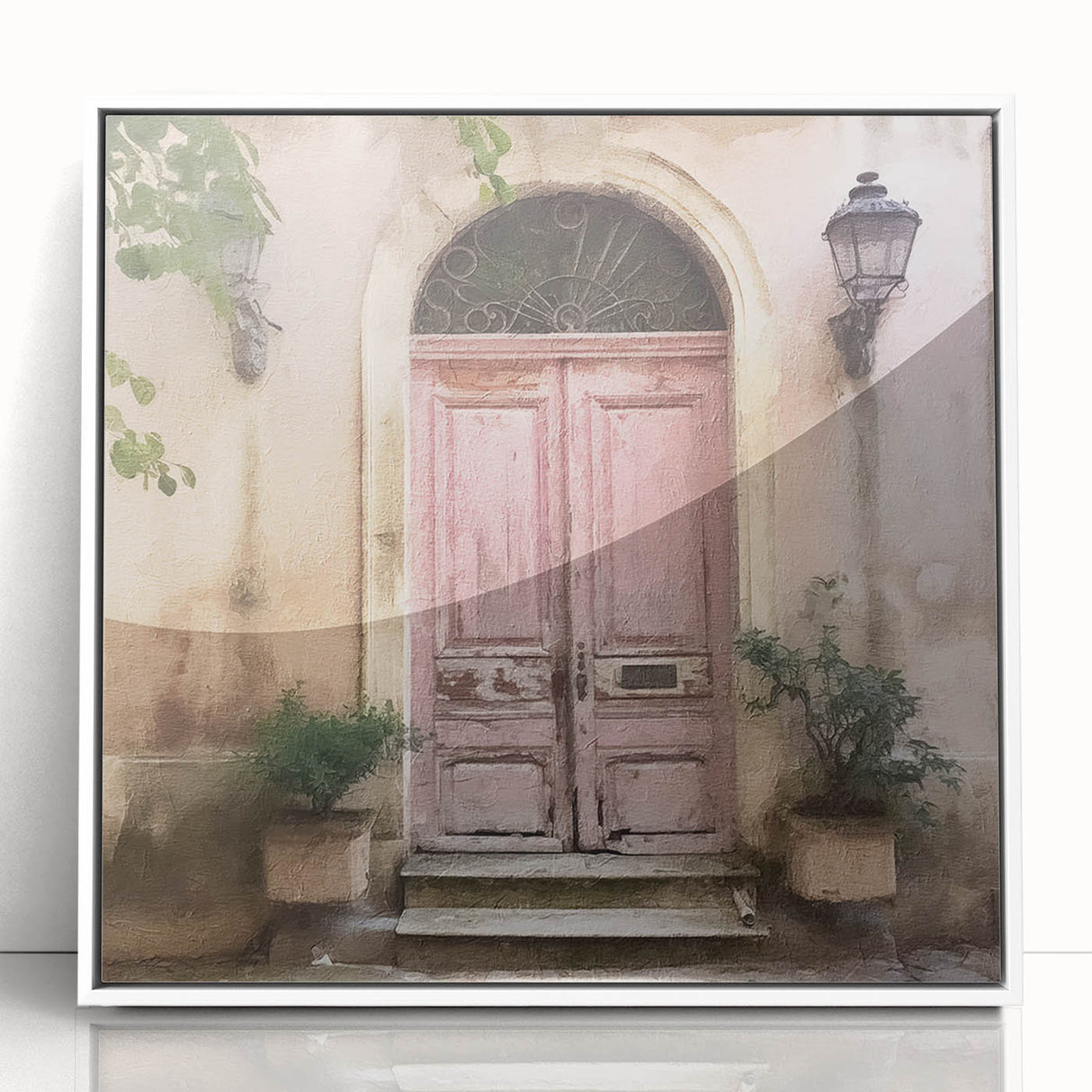 Art deco poster featuring a stylized French door design in black and white, acrylic framed.