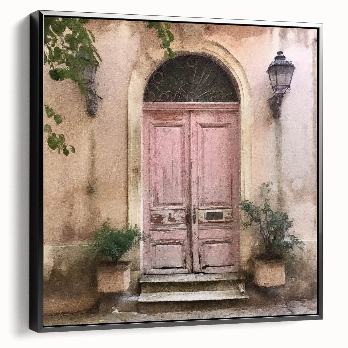 Black and white vintage poster art of a French door, printed on framed canvas, suitable for bedroom wall decor.
