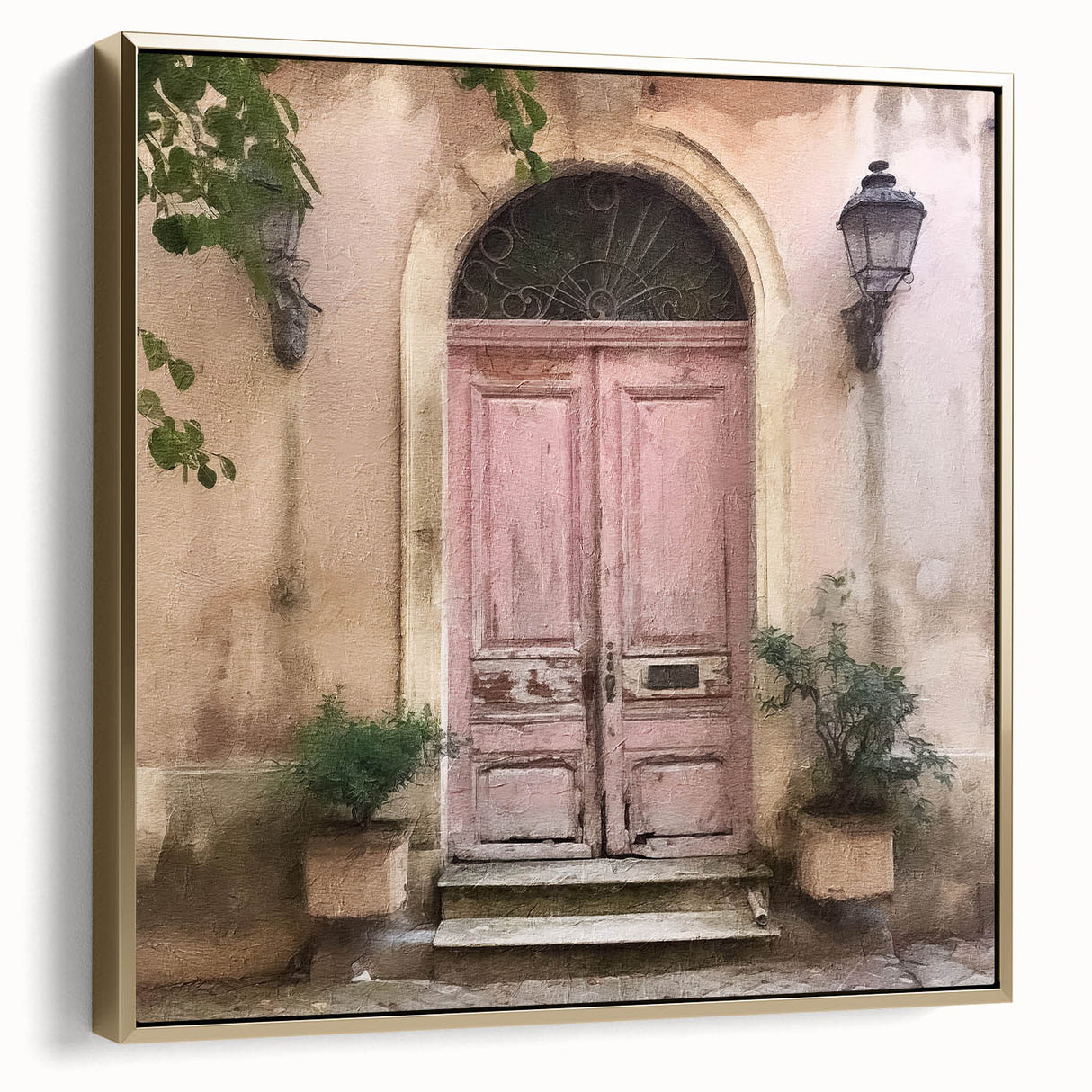 Vintage poster art of a French door in silver and gold tones on framed canvas, ideal for bedroom wall decor.