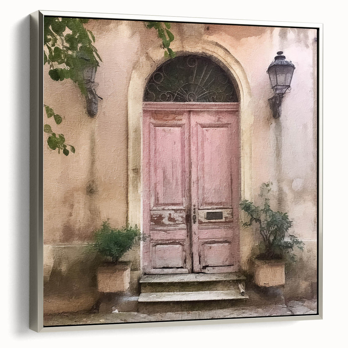 Landscape art painting of a French door architecture in black and colorful hues on framed canvas.