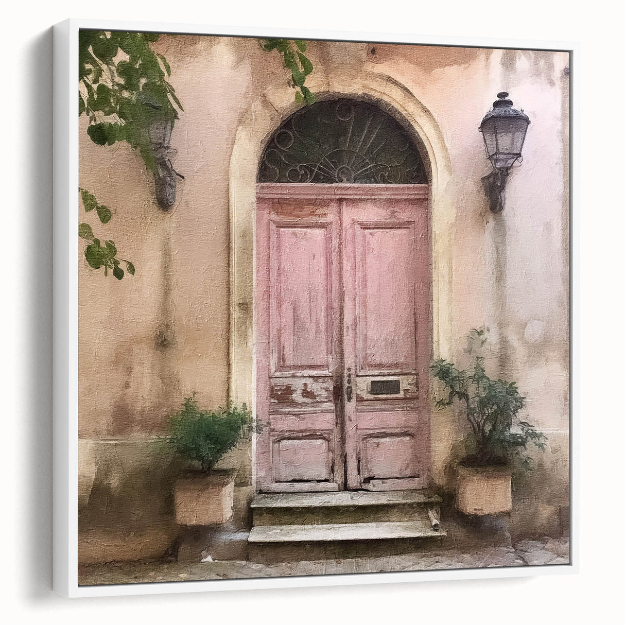 Vintage poster art of a French door, framed canvas in white, featuring a black and colorful design.