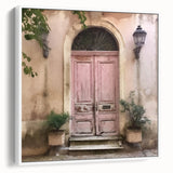 Vintage poster art of a French door, framed canvas in white, featuring a black and colorful design.