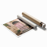 Extra large rolled print featuring a detailed floral design on a French door, in muted earth tones.