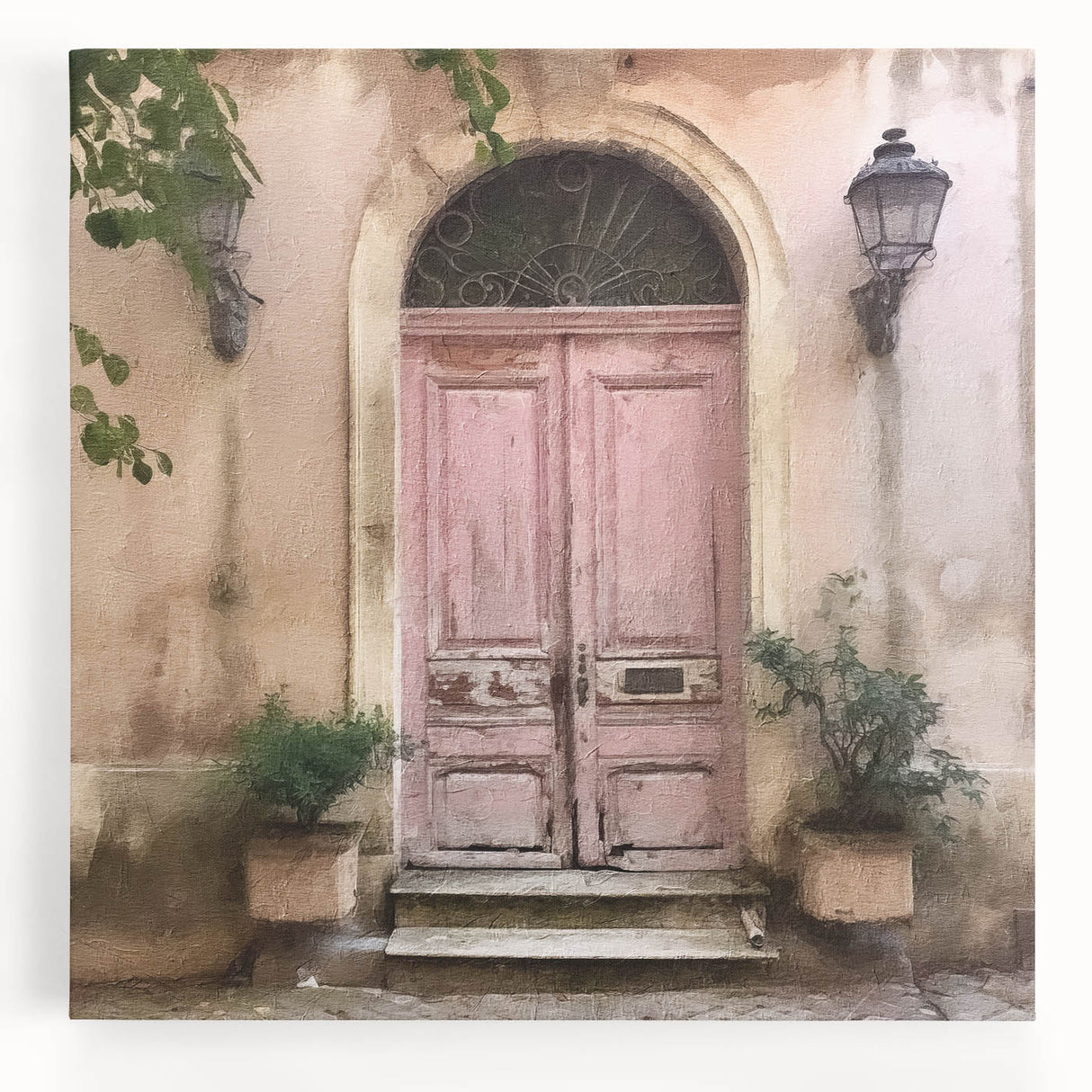 Black and white photo of a French door design on stretched canvas, suitable as large kitchen wall art.