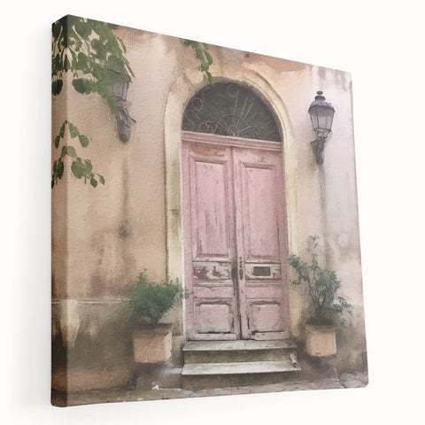 Large acrylic print of a detailed French door architecture, in neutral tones, ideal for kitchen wall art.