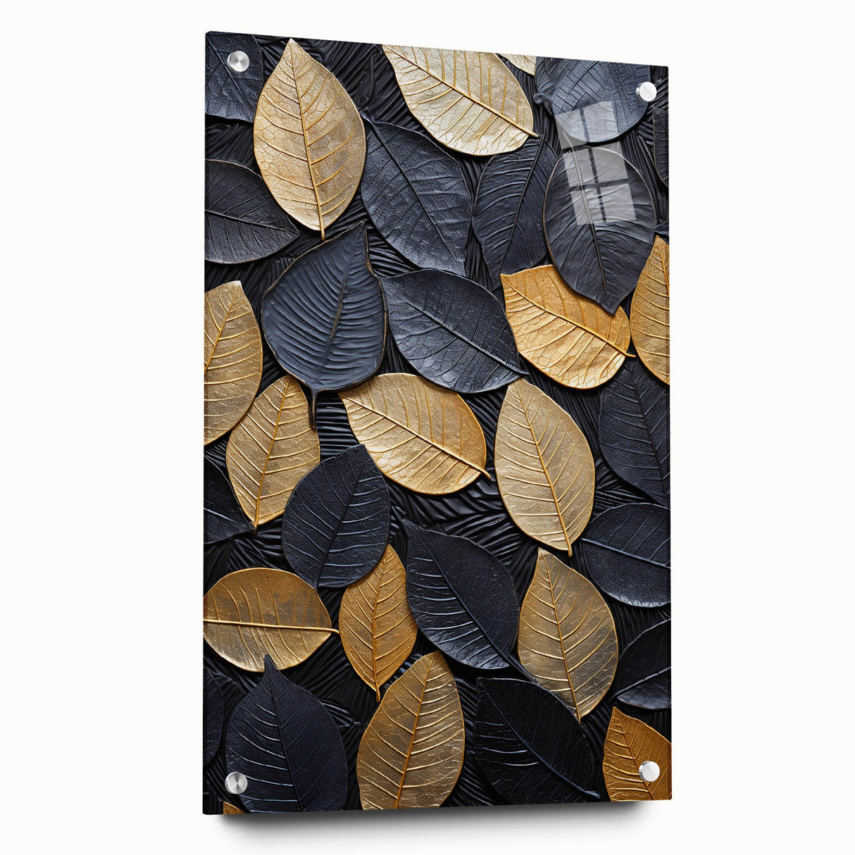 Acrylic wall art featuring a vibrant floral and botanical design with green leaves on a clear background, displayed with decorative pins for easy hanging.