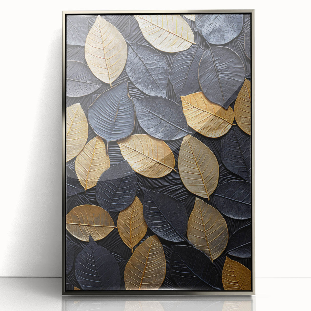 Framed acrylic wall art featuring a vibrant design of flowers and botanical leaves with a sleek silver border, perfect for modern home decor.