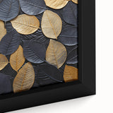 Close-up of a framed botanical wall art canvas showcasing vibrant flowers and lush green leaves. Ideal for adding a touch of nature to home decor.