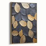 Framed canvas wall art showcasing an intricate design of flowers and botanical leaves, highlighted with gold accents, viewed from the side to emphasize its elegant presentation.