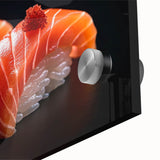 Large abstract wall art featuring assorted food dishes in vivid colors on acrylic glass, suitable for dining room decor.