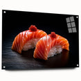 Acrylic glass wall art featuring an array of various food dishes in vibrant colors, suitable for dining room decor.
