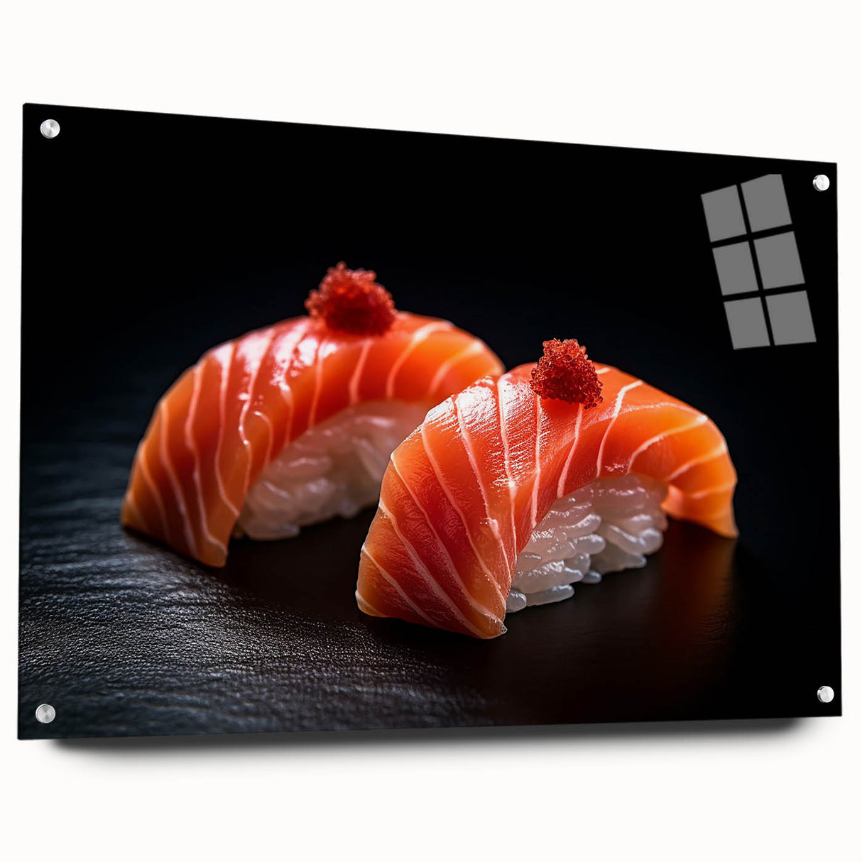 Acrylic glass wall art featuring an array of various food dishes in vibrant colors, suitable for dining room decor.
