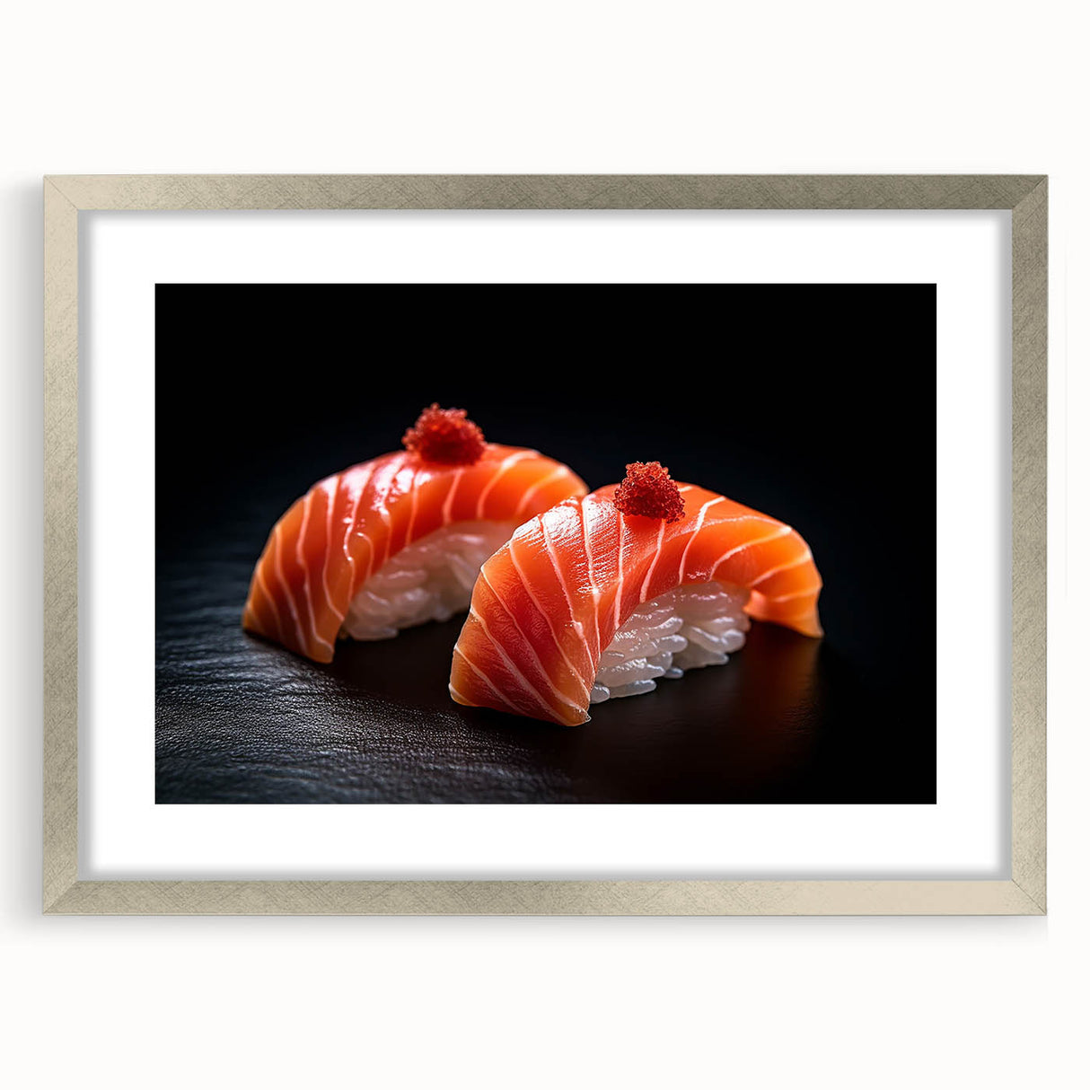 Textured abstract art print depicting assorted food dishes in muted earth tones, framed in silver.