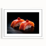 Abstract art print of various food dishes in muted earth tones, framed with a white mat, ideal for dining room decor.