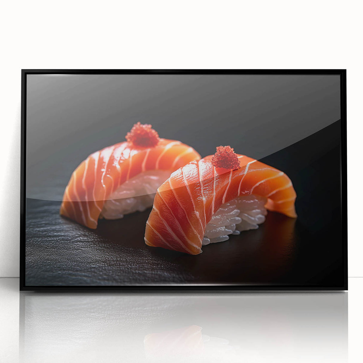 Large abstract wall art featuring assorted food dishes in mid-century modernist style, framed in black acrylic.