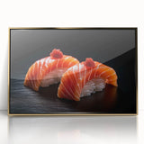 Large art print of various food dishes in a mid-century modernist style, with muted earth tones on a framed acrylic.