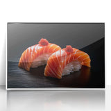 Art Deco-style poster featuring an array of colorful food dishes on a white acrylic framed print, ideal for kitchen wall art.