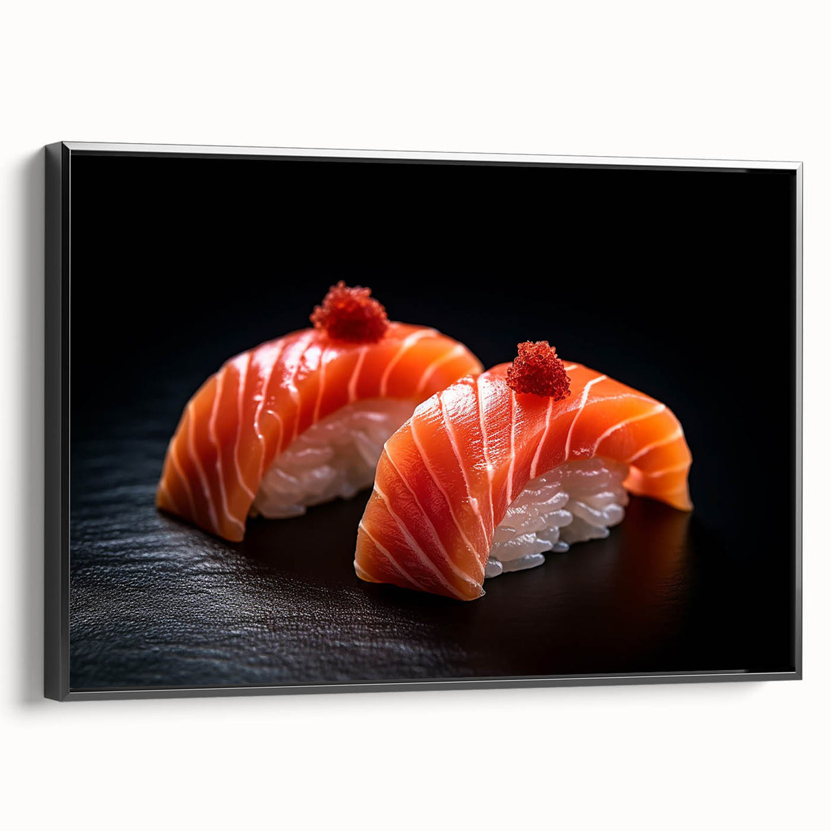 Black and white framed canvas featuring a vintage poster art style landscape with various food dishes.