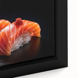 Close-up of black wall art featuring colorful, textured depictions of various food dishes on a framed canvas.