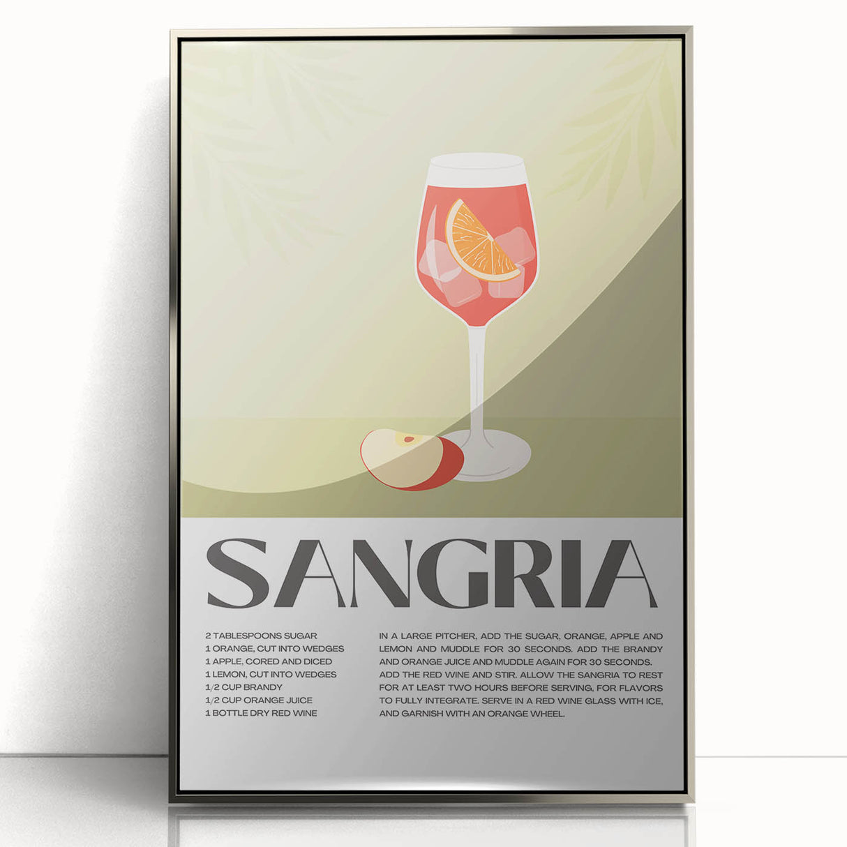 Large art print of a mid-century modernist food and drinks theme in a silver-framed acrylic.