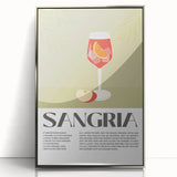 Large art print of a mid-century modernist food and drinks theme in a silver-framed acrylic.