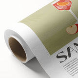 Art Deco poster of fruits in bold orange and yellow tones on rolled canvas, ideal for dining room wall art.