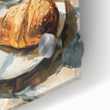 Close-up of large abstract wall art featuring assorted pastries in muted tones on acrylic glass, ideal for dining room art.