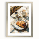Textured art print of abstract pastries in muted beige and brown, framed in silver, ideal for kitchen wall decor.