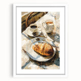 Abstract art print of assorted pastries in muted earth tones, framed with a white mat, ideal for dining room decor.