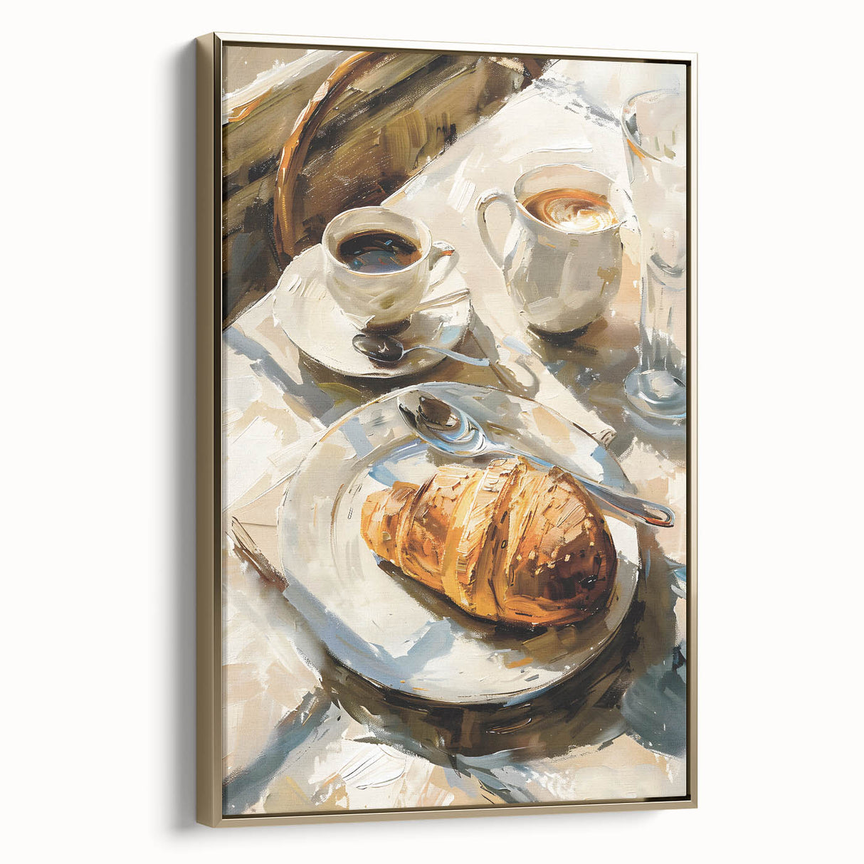 Framed canvas wall art featuring a vintage poster of assorted pastries in muted gold and black tones.
