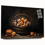 Pumpkin Basket Halloween Wall Art - Rustic Spooky Oil Painting
